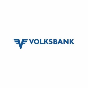Volksbank Logo. Blaues Logo der Volksbank. Bank für Privat- und Firmenkunden.