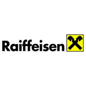 Raiffeisen Bank Logo: Schwarzer Schriftzug und gelbes Symbol mit gekreuzten Hämmern. Finanzdienstleistungen.